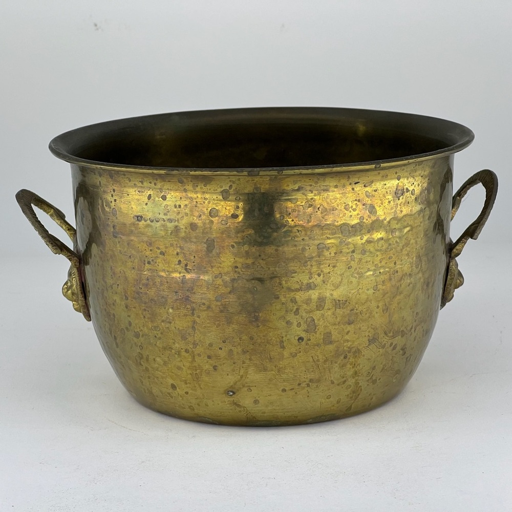 Vintage Brass Planter Pot Lion Head Hammered Decor Home MCM Metal Art Victorian